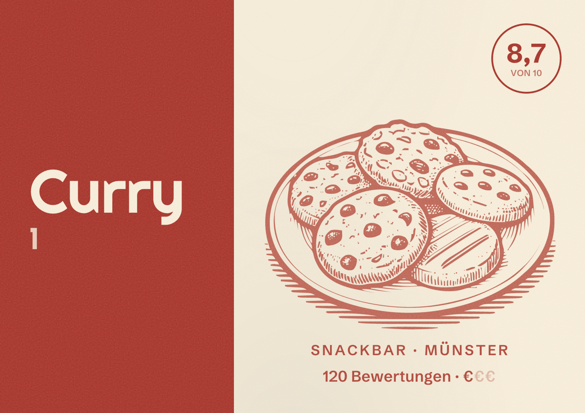 Illustriertes Poster von Curry 1, Snackbar in Münster: Bewertung 8,7 von 10 aus 120 Bewertungen, Preisniveau €