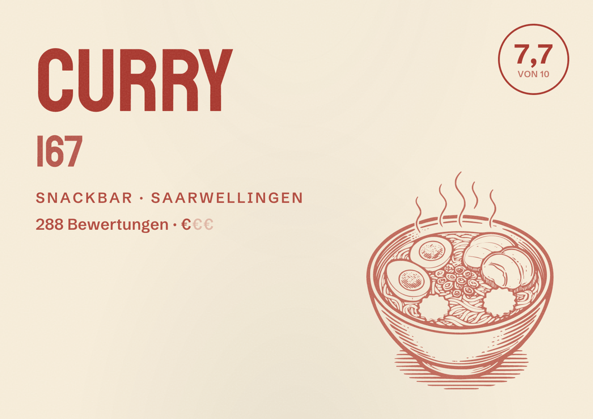 Illustriertes Poster von Curry 167, Snackbar in Saarwellingen: Bewertung 7,7 von 10 aus 288 Bewertungen, Preisniveau €