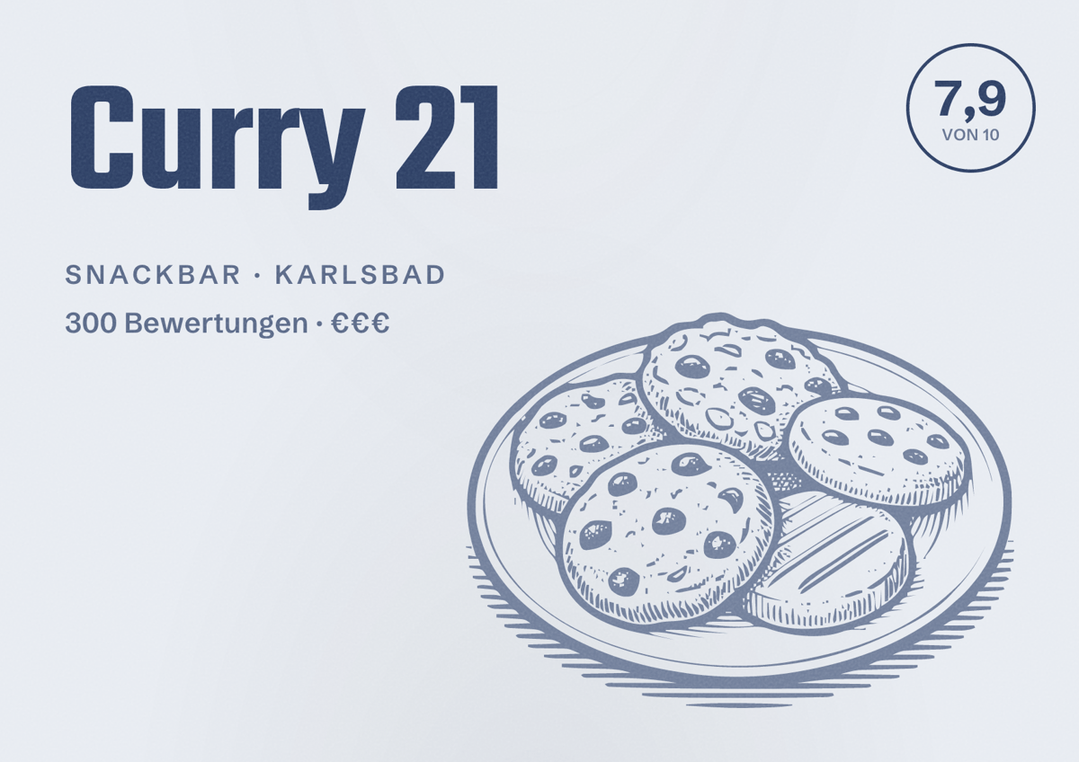 Illustriertes Poster von Curry 21, Snackbar in Karlsbad: Bewertung 7,9 von 10 aus 300 Bewertungen, Preisniveau €€€
