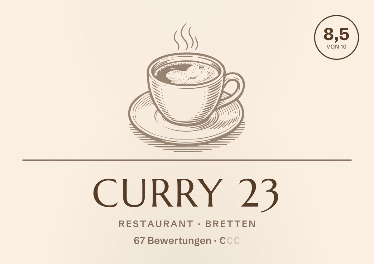 Illustriertes Poster von Curry 23, Restaurant in Bretten: Bewertung 8,5 von 10 aus 67 Bewertungen, Preisniveau €