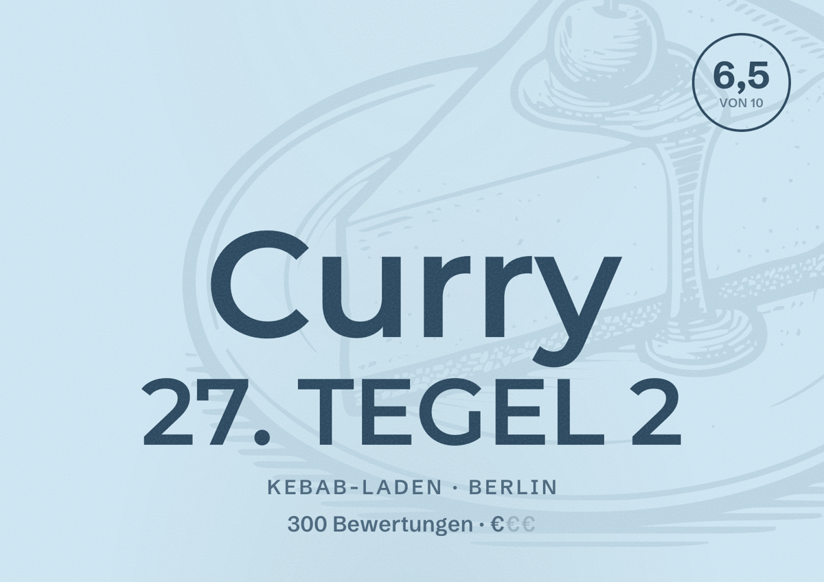 Illustriertes Poster von Curry 27. TEGEL 2, Kebab-Laden in Berlin: Bewertung 6,5 von 10 aus 300 Bewertungen, Preisniveau €