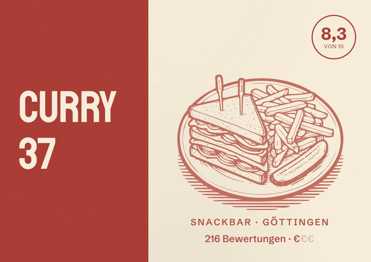 Illustriertes Poster von Curry 37, Snackbar in Göttingen: Bewertung 8,3 von 10 aus 216 Bewertungen, Preisniveau €