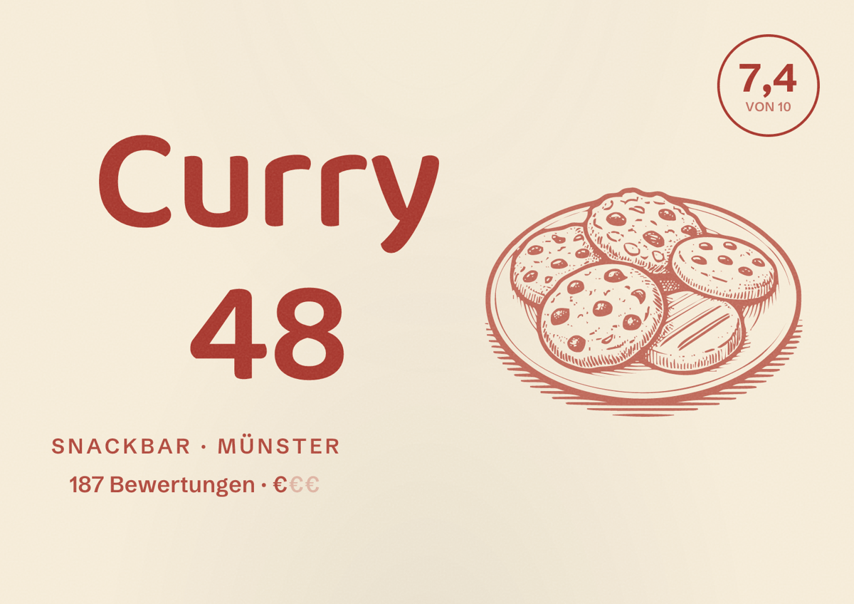 Illustriertes Poster von Curry 48, Snackbar in Münster: Bewertung 7,4 von 10 aus 187 Bewertungen, Preisniveau €