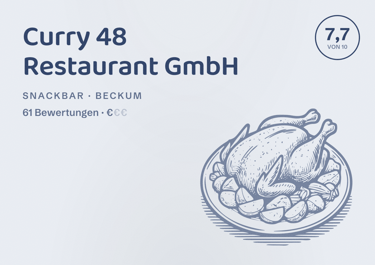 Illustriertes Poster von Curry 48 Restaurant GmbH, Snackbar in Beckum: Bewertung 7,7 von 10 aus 61 Bewertungen, Preisniveau €