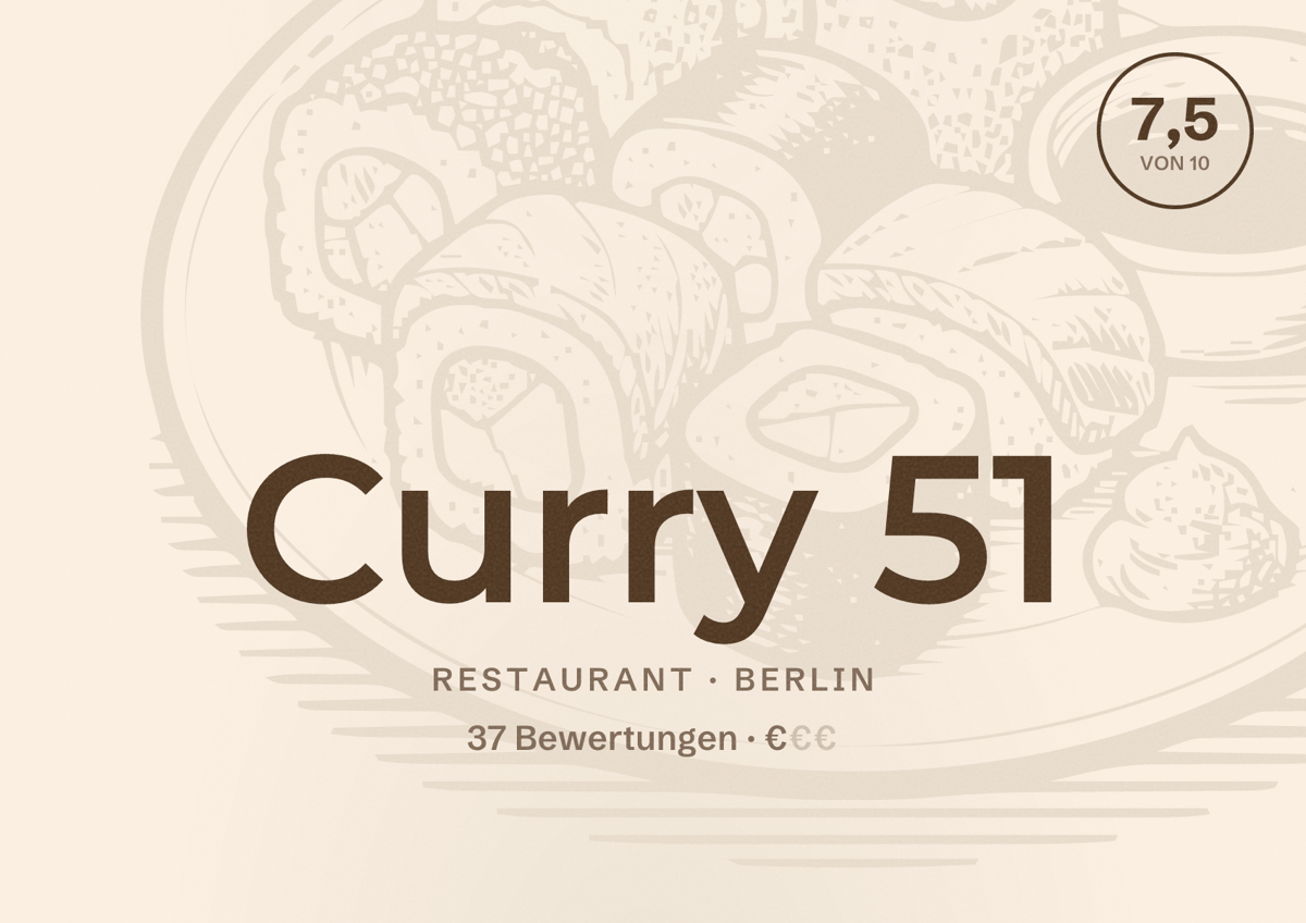 Illustriertes Poster von Curry 51, Restaurant in Berlin: Bewertung 7,5 von 10 aus 37 Bewertungen, Preisniveau €