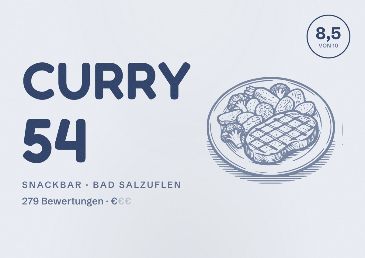 Illustriertes Poster von Curry 54, Snackbar in Bad Salzuflen: Bewertung 8,5 von 10 aus 279 Bewertungen, Preisniveau €