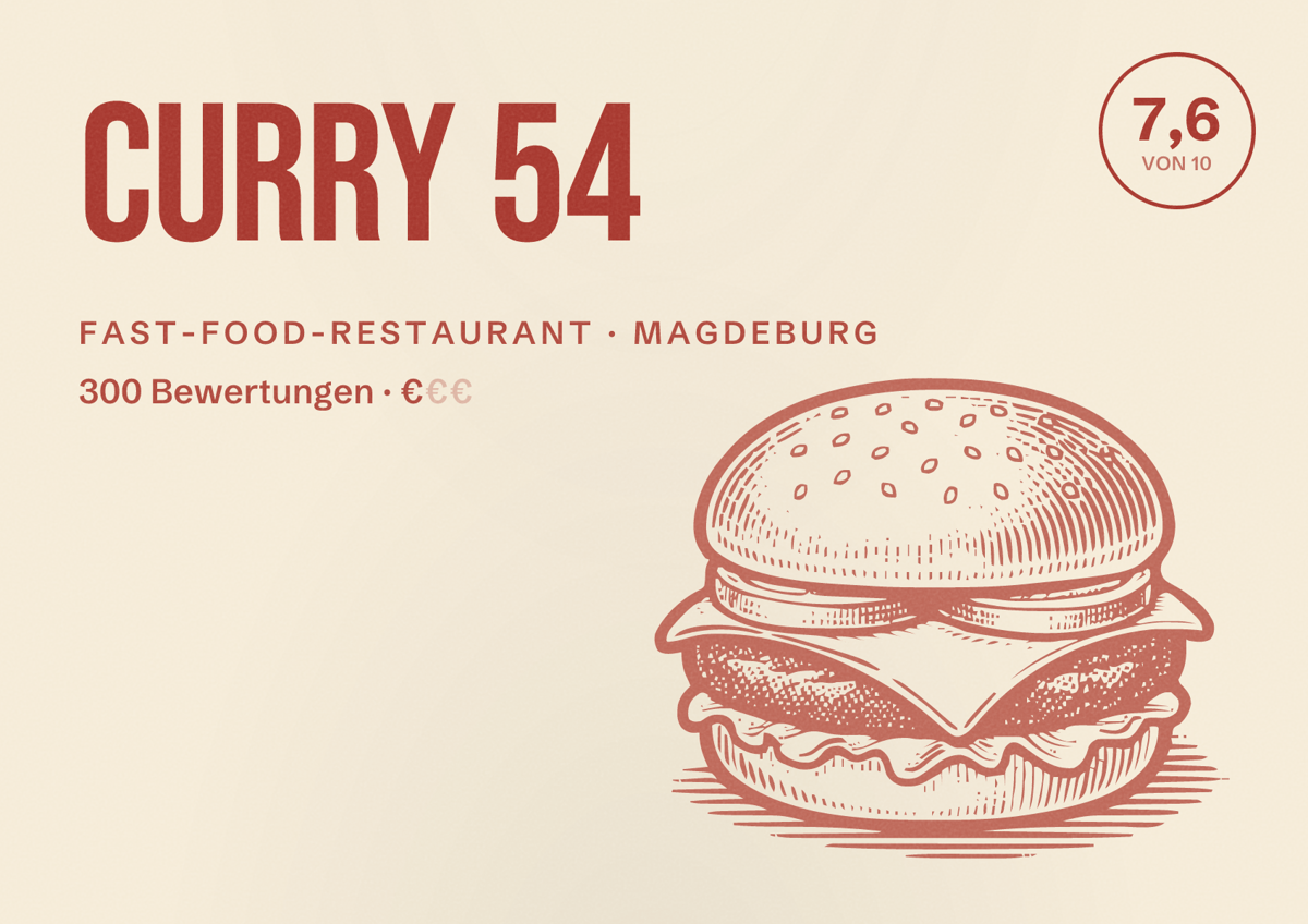 Illustriertes Poster von Curry 54, Fast-Food-Restaurant in Magdeburg: Bewertung 7,6 von 10 aus 300 Bewertungen, Preisniveau €
