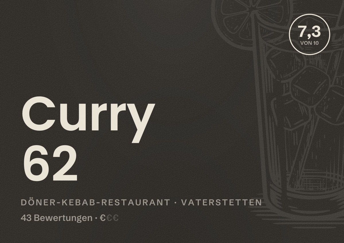 Illustriertes Poster von Curry 62, Döner-Kebab-Restaurant in Vaterstetten: Bewertung 7,3 von 10 aus 43 Bewertungen, Preisniveau €