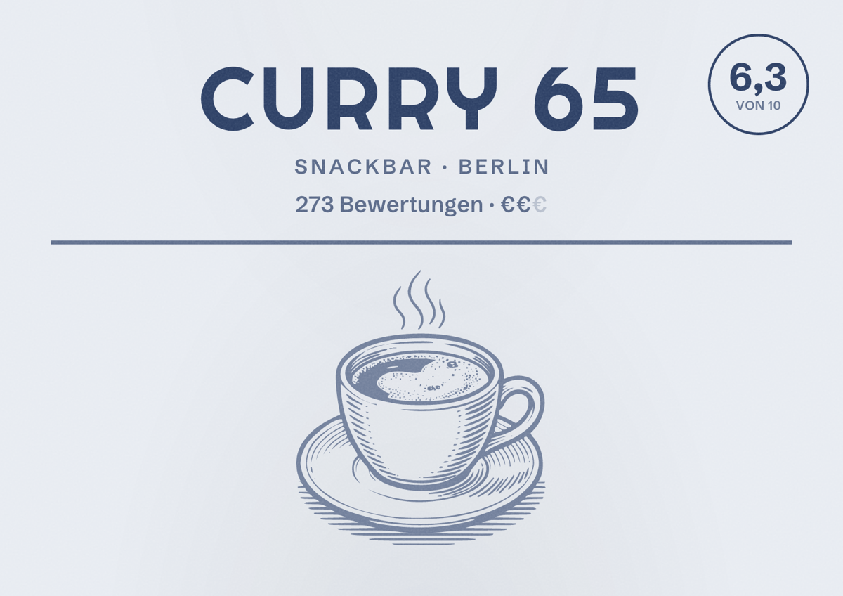 Illustriertes Poster von Curry 65, Snackbar in Berlin: Bewertung 6,3 von 10 aus 273 Bewertungen, Preisniveau €€