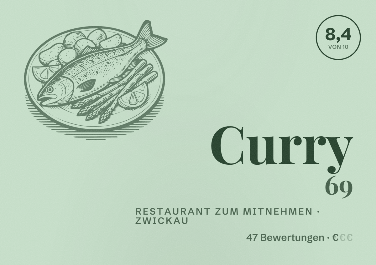 Illustriertes Poster von Curry 69, Restaurant zum Mitnehmen in Zwickau: Bewertung 8,4 von 10 aus 47 Bewertungen, Preisniveau €