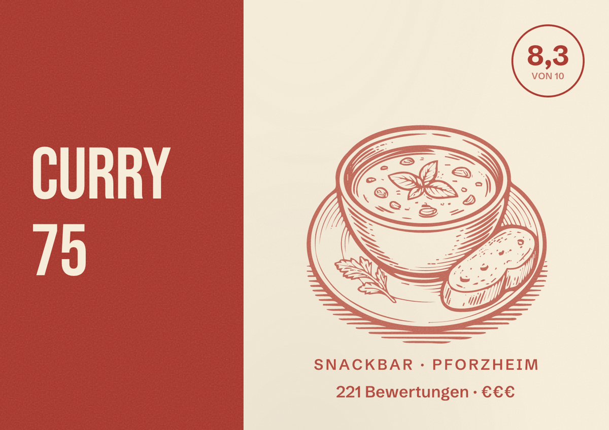 Illustriertes Poster von Curry 75, Snackbar in Pforzheim: Bewertung 8,3 von 10 aus 221 Bewertungen, Preisniveau €€€