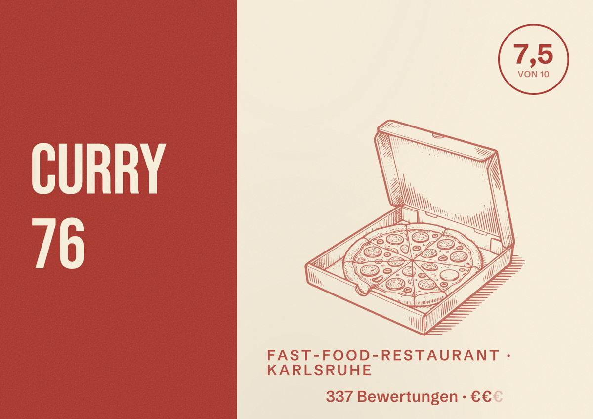 Illustriertes Poster von Curry 76, Fast-Food-Restaurant in Karlsruhe: Bewertung 7,5 von 10 aus 337 Bewertungen, Preisniveau €€