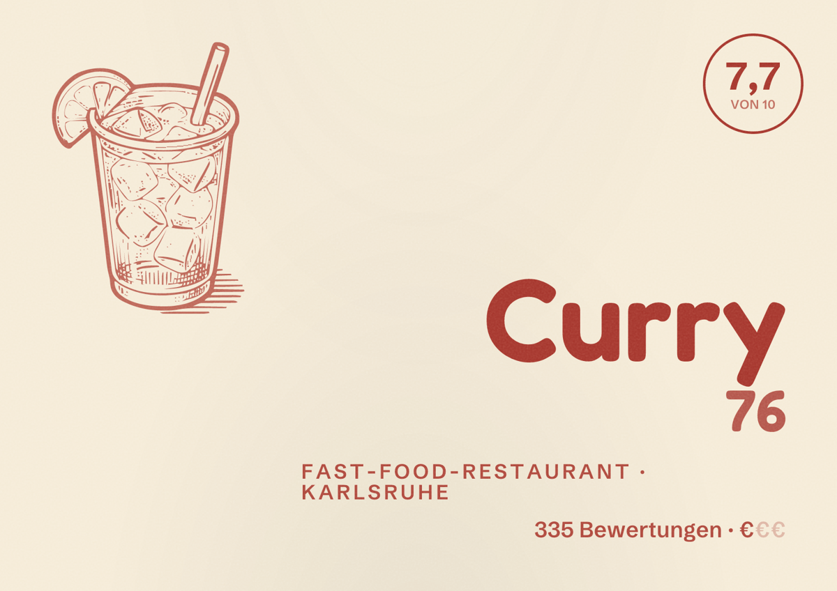 Illustriertes Poster von Curry 76, Fast-Food-Restaurant in Karlsruhe: Bewertung 7,7 von 10 aus 335 Bewertungen, Preisniveau €