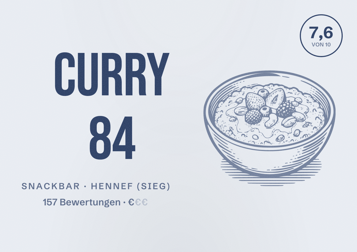 Illustriertes Poster von Curry 84, Snackbar in Hennef (Sieg): Bewertung 7,6 von 10 aus 157 Bewertungen, Preisniveau €
