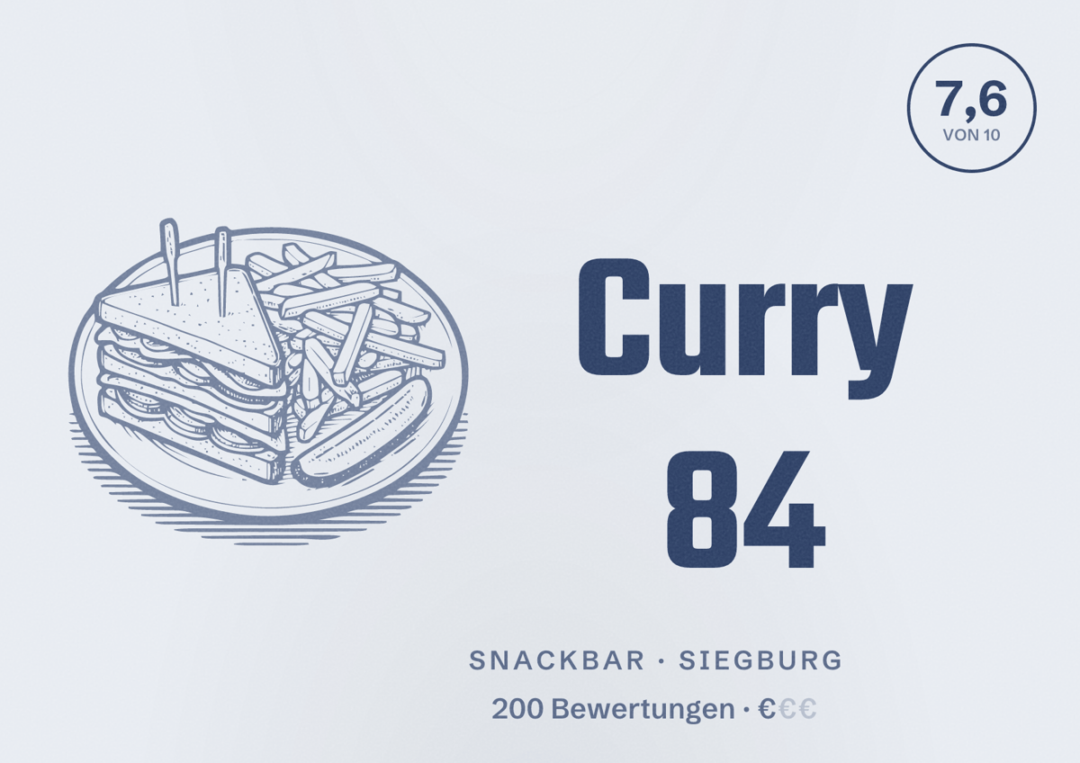 Illustriertes Poster von Curry 84, Snackbar in Siegburg: Bewertung 7,6 von 10 aus 200 Bewertungen, Preisniveau €