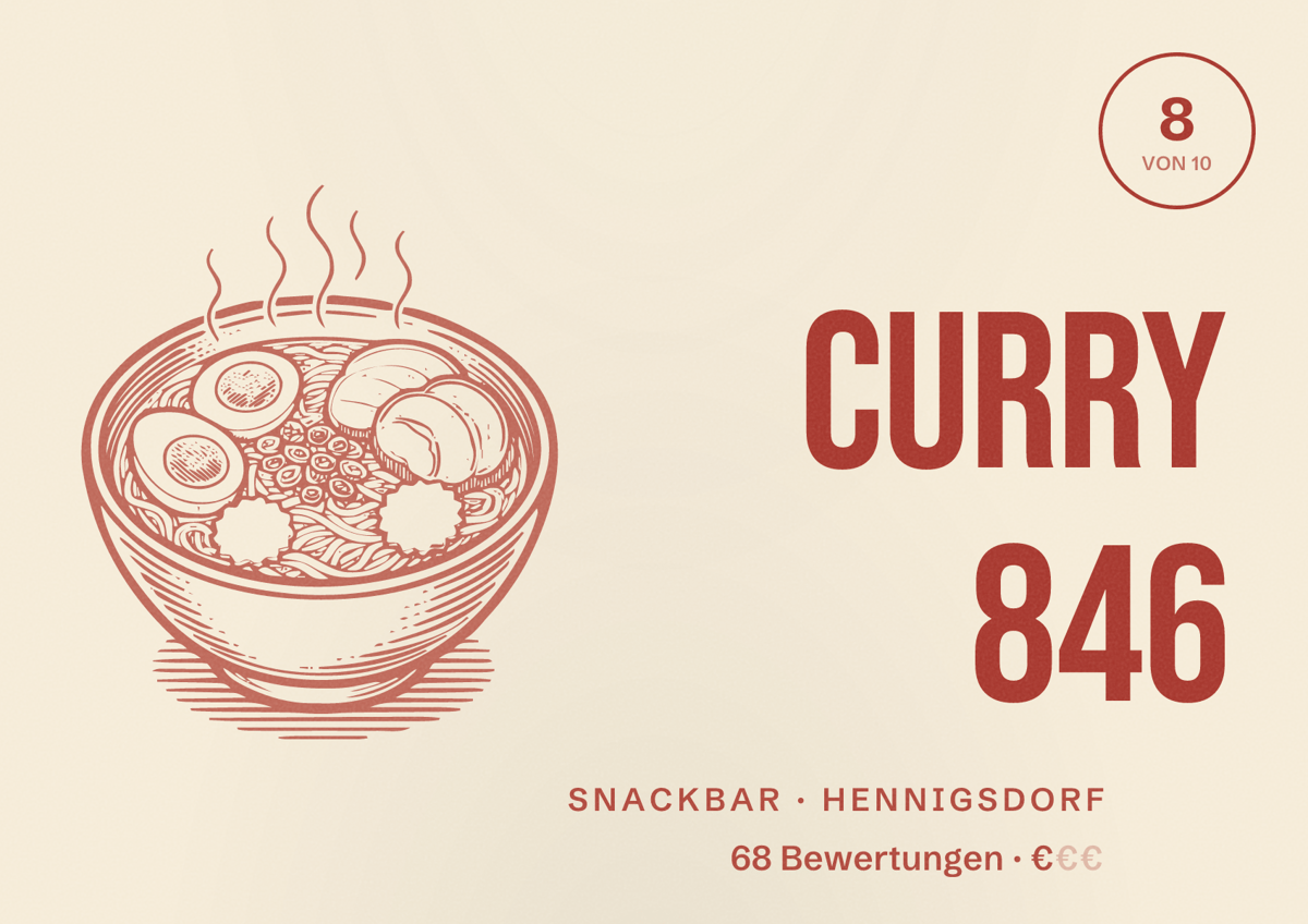 Illustriertes Poster von Curry 846, Snackbar in Hennigsdorf: Bewertung 8 von 10 aus 68 Bewertungen, Preisniveau €