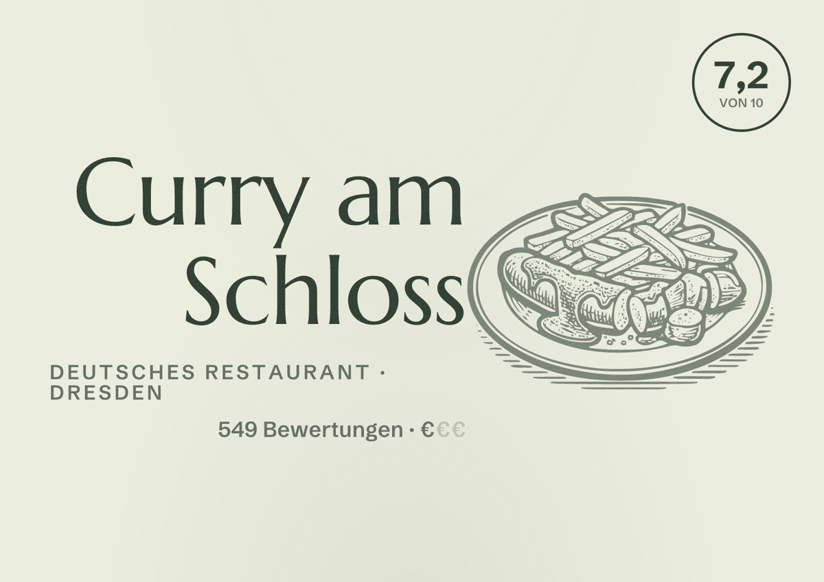 Illustriertes Poster von Curry am Schloss, Deutsches Restaurant in Dresden: Bewertung 7,2 von 10 aus 549 Bewertungen, Preisniveau €