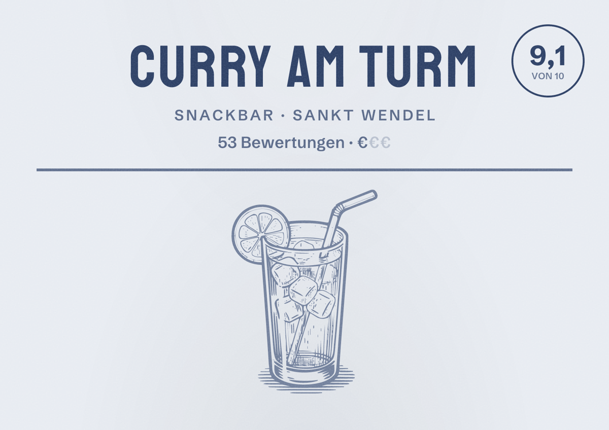 Illustriertes Poster von Curry am Turm, Snackbar in Sankt Wendel: Bewertung 9,1 von 10 aus 53 Bewertungen, Preisniveau €