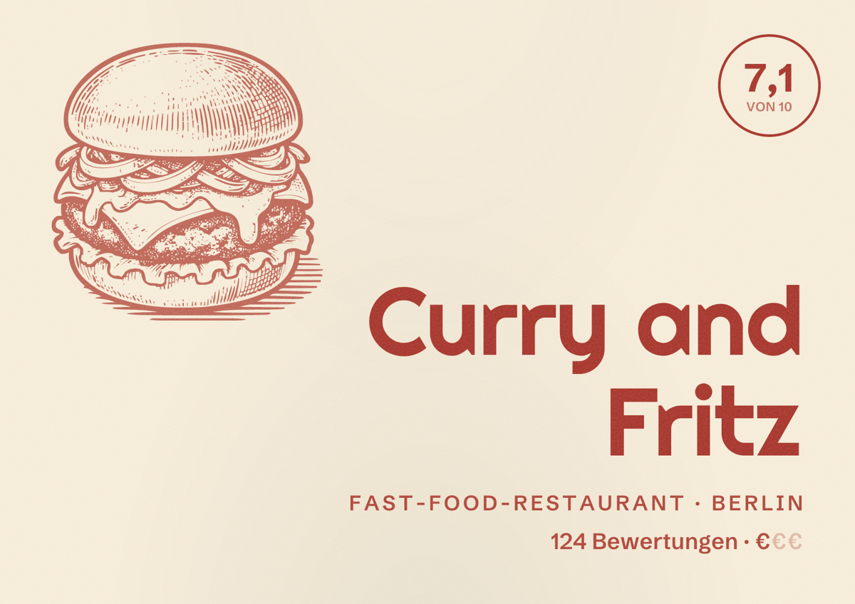 Illustriertes Poster von Curry and Fritz, Fast-Food-Restaurant in Berlin: Bewertung 7,1 von 10 aus 124 Bewertungen, Preisniveau €