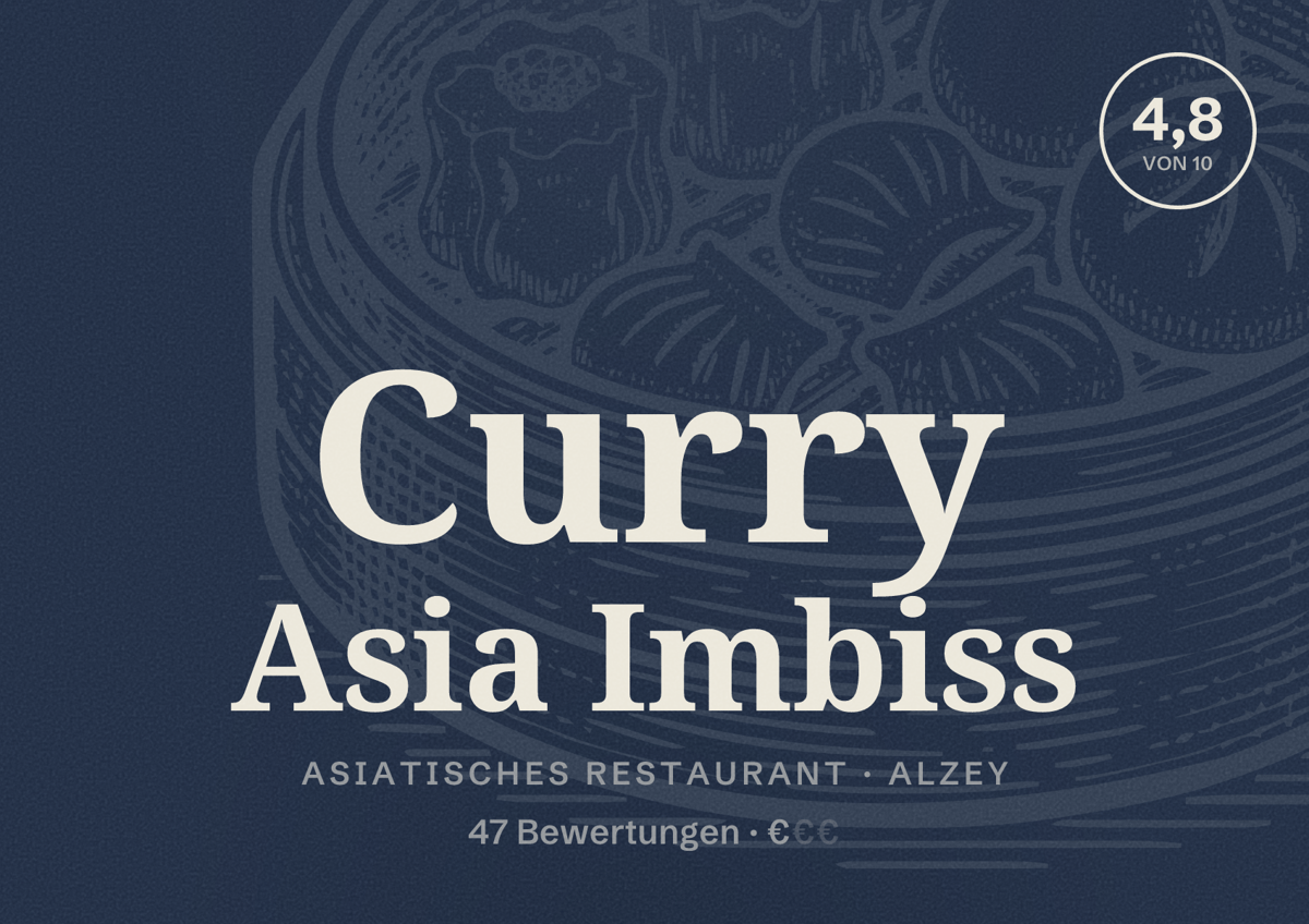 Illustriertes Poster von Curry Asia Imbiss, Asiatisches Restaurant in Alzey: Bewertung 4,8 von 10 aus 47 Bewertungen, Preisniveau €