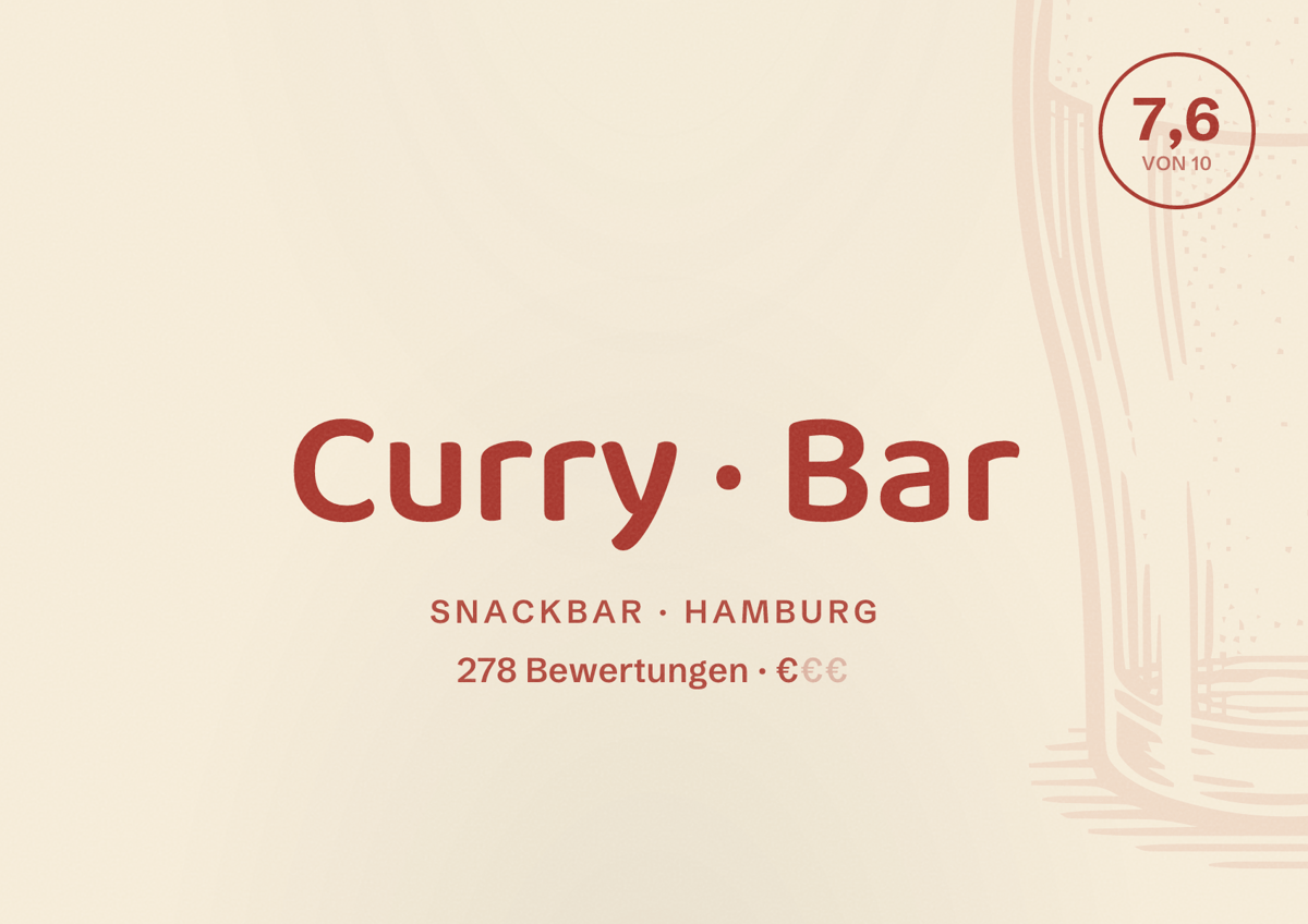 Illustriertes Poster von Curry Bar, Snackbar in Hamburg: Bewertung 7,6 von 10 aus 278 Bewertungen, Preisniveau €