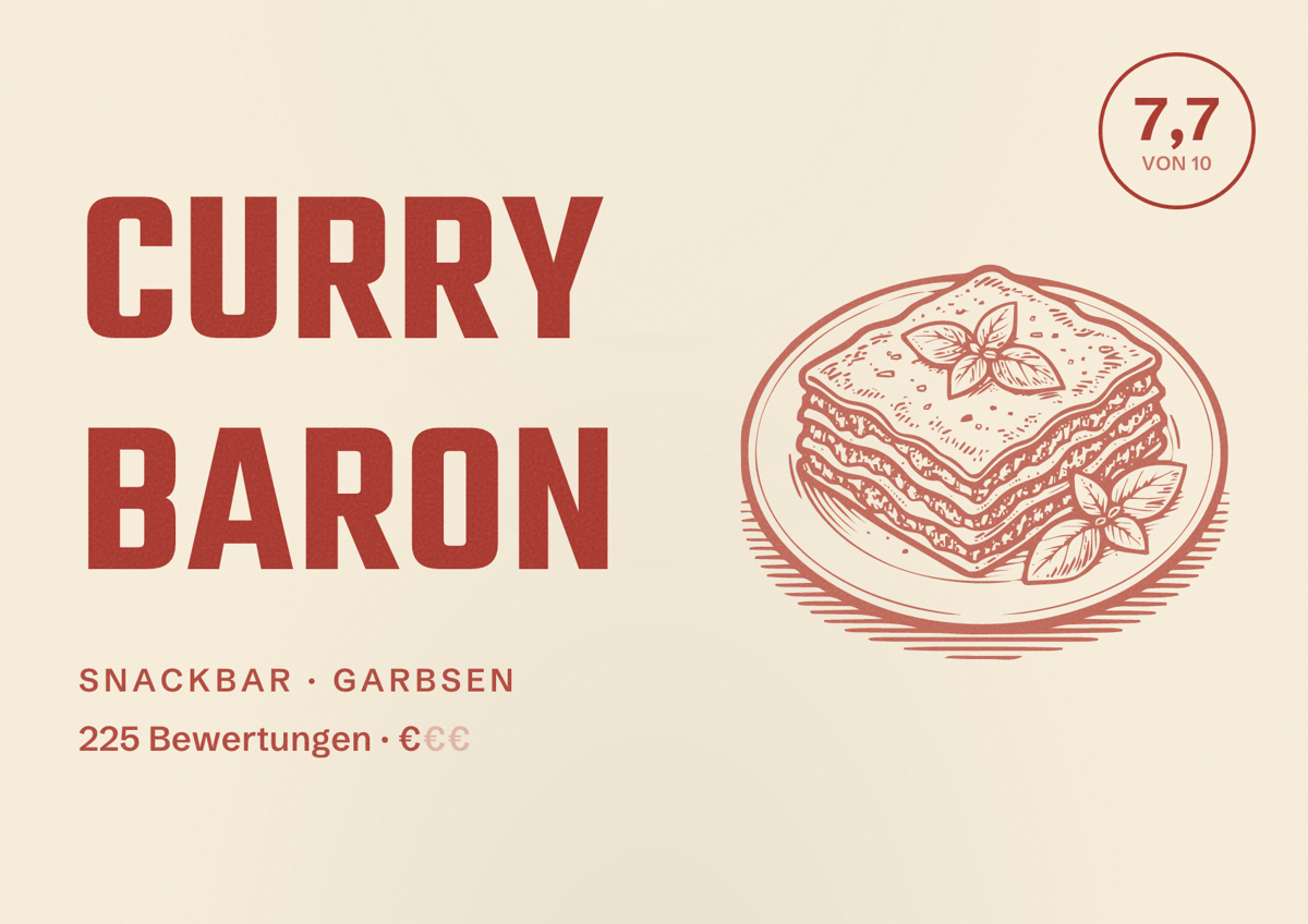 Illustriertes Poster von Curry Baron, Snackbar in Garbsen: Bewertung 7,7 von 10 aus 225 Bewertungen, Preisniveau €