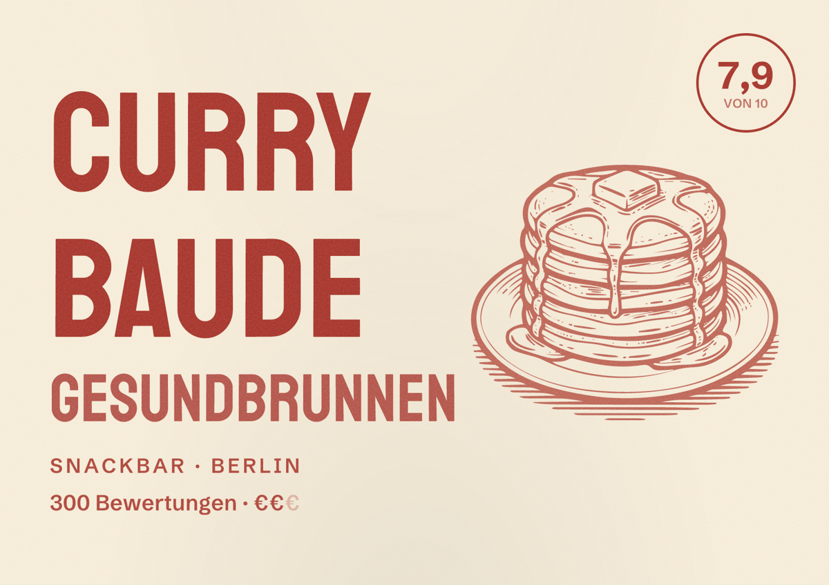 Illustriertes Poster von Curry Baude Gesundbrunnen, Snackbar in Berlin: Bewertung 7,9 von 10 aus 300 Bewertungen, Preisniveau €€
