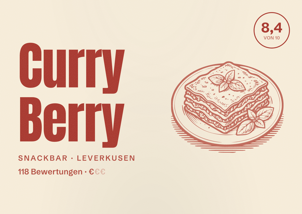 Illustriertes Poster von Curry Berry, Snackbar in Leverkusen: Bewertung 8,4 von 10 aus 118 Bewertungen, Preisniveau €