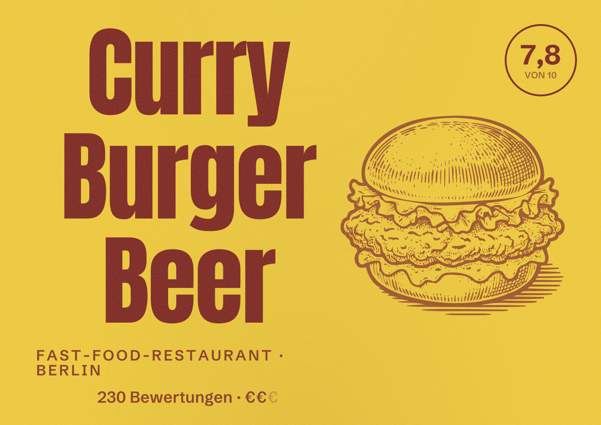 Illustriertes Poster von Curry Burger Beer, Fast-Food-Restaurant in Berlin: Bewertung 7,8 von 10 aus 230 Bewertungen, Preisniveau €€