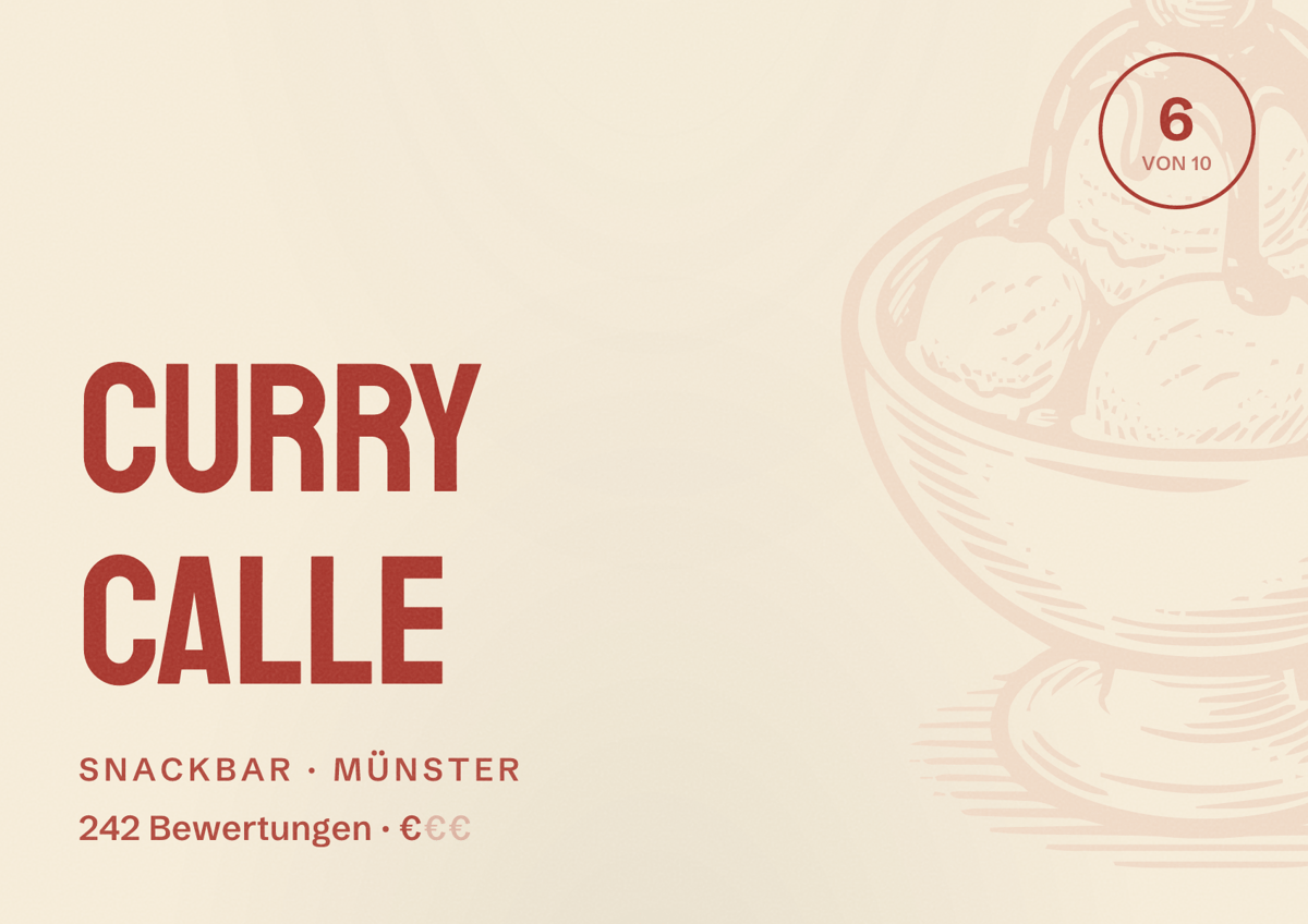 Illustriertes Poster von Curry Calle, Snackbar in Münster: Bewertung 6 von 10 aus 242 Bewertungen, Preisniveau €