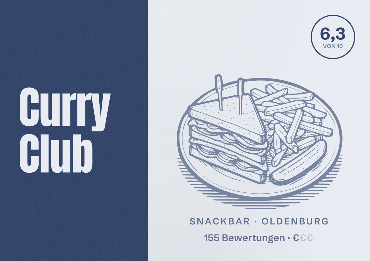 Illustriertes Poster von Curry Club, Snackbar in Oldenburg: Bewertung 6,3 von 10 aus 155 Bewertungen, Preisniveau €