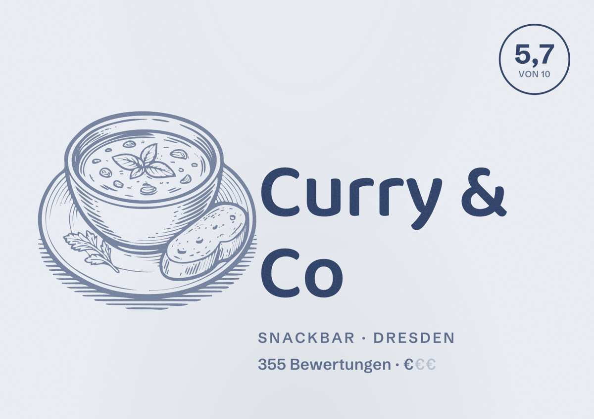Illustriertes Poster von Curry & Co, Snackbar in Dresden: Bewertung 5,7 von 10 aus 355 Bewertungen, Preisniveau €