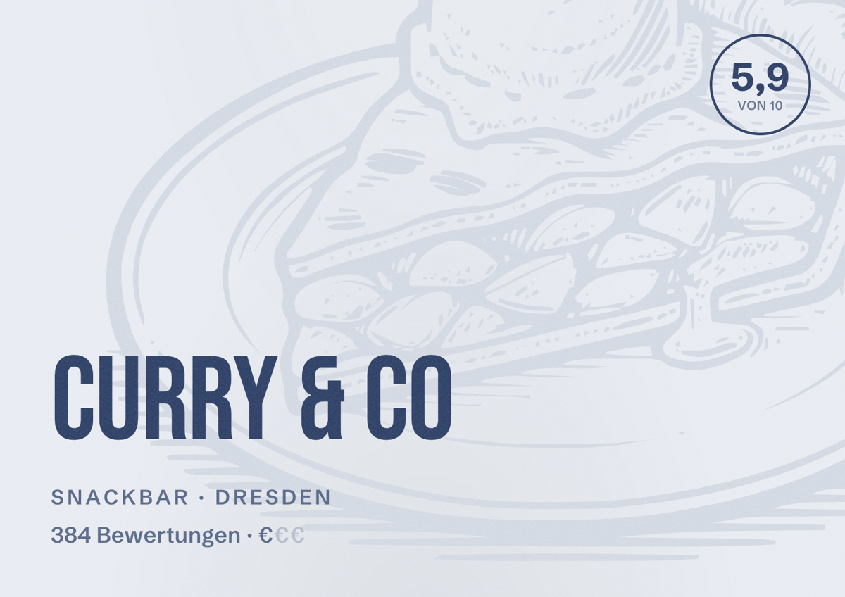 Illustriertes Poster von Curry & Co, Snackbar in Dresden: Bewertung 5,9 von 10 aus 384 Bewertungen, Preisniveau €