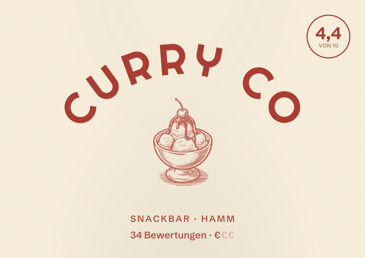Illustriertes Poster von Curry Co, Snackbar in Hamm: Bewertung 4,4 von 10 aus 34 Bewertungen, Preisniveau €