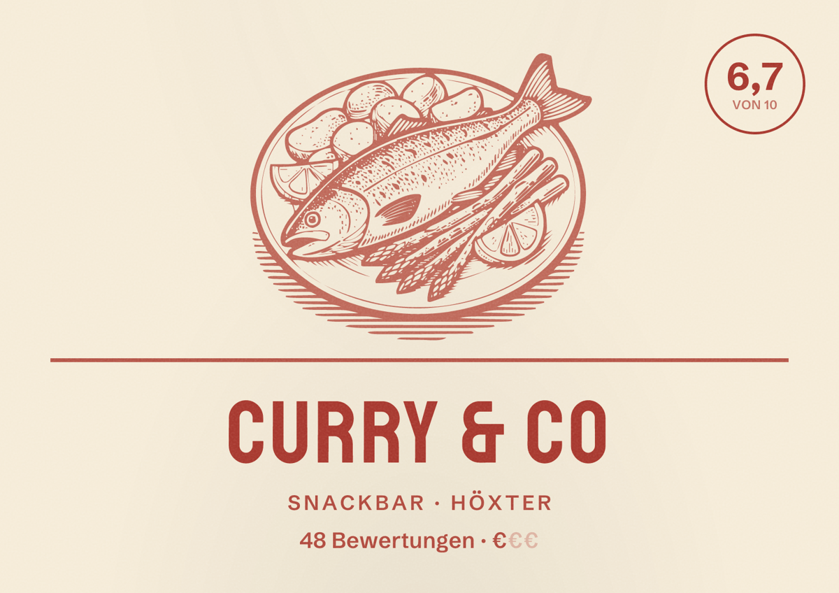 Illustriertes Poster von Curry & Co, Snackbar in Höxter: Bewertung 6,7 von 10 aus 48 Bewertungen, Preisniveau €