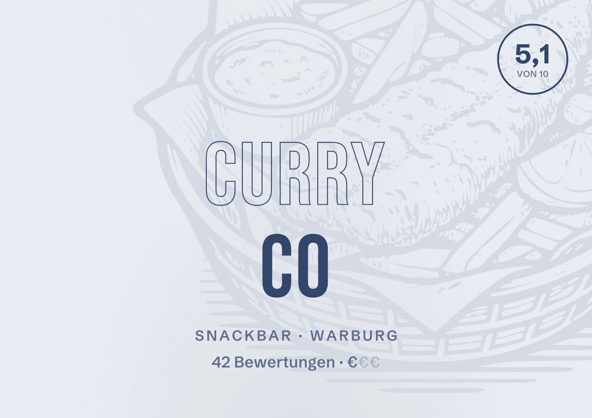 Illustriertes Poster von Curry Co, Snackbar in Warburg: Bewertung 5,1 von 10 aus 42 Bewertungen, Preisniveau €