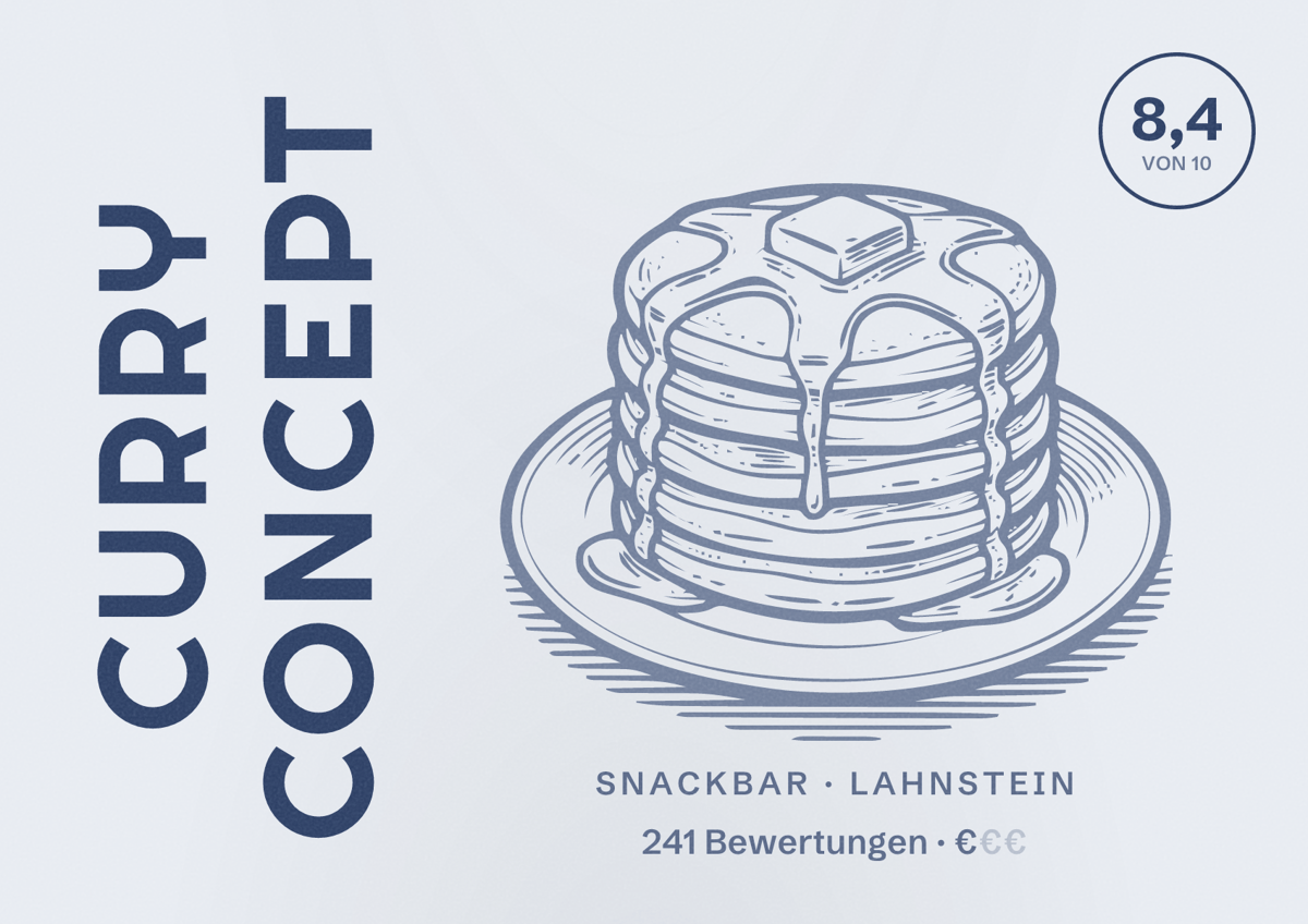 Illustriertes Poster von Curry Concept, Snackbar in Lahnstein: Bewertung 8,4 von 10 aus 241 Bewertungen, Preisniveau €
