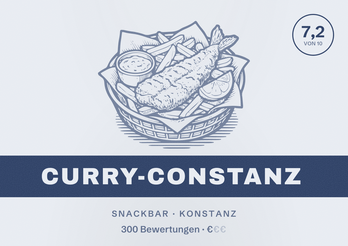 Illustriertes Poster von Curry-Constanz, Snackbar in Konstanz: Bewertung 7,2 von 10 aus 300 Bewertungen, Preisniveau €