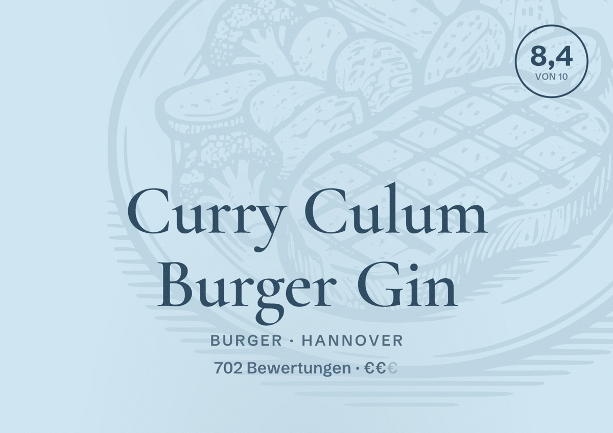 Illustriertes Poster von Curry Culum Burger Gin, Burger in Hannover: Bewertung 8,4 von 10 aus 702 Bewertungen, Preisniveau €€