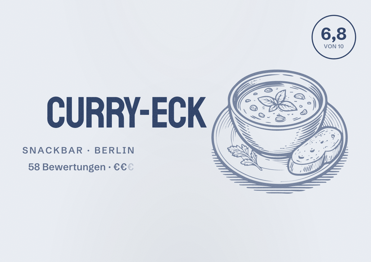 Illustriertes Poster von Curry-Eck, Snackbar in Berlin: Bewertung 6,8 von 10 aus 58 Bewertungen, Preisniveau €€