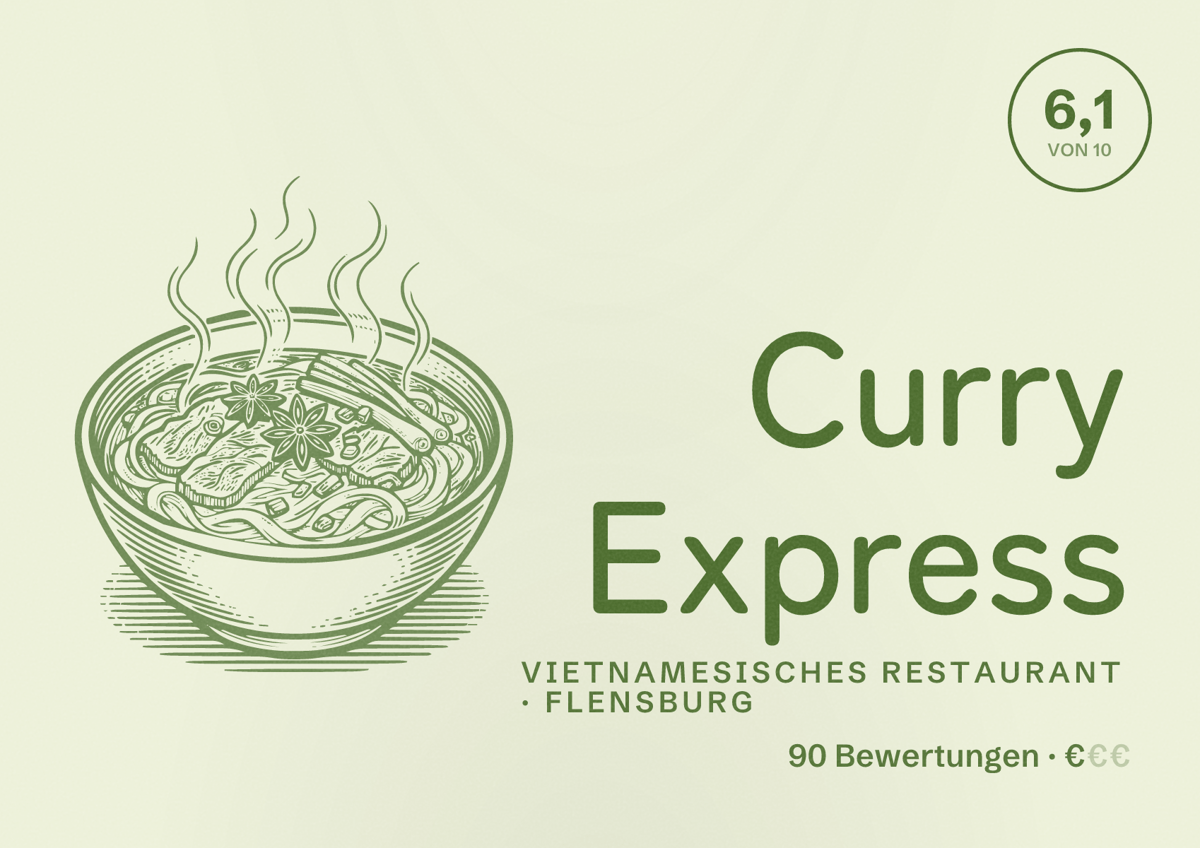 Illustriertes Poster von Curry Express, Vietnamesisches Restaurant in Flensburg: Bewertung 6,1 von 10 aus 90 Bewertungen, Preisniveau €