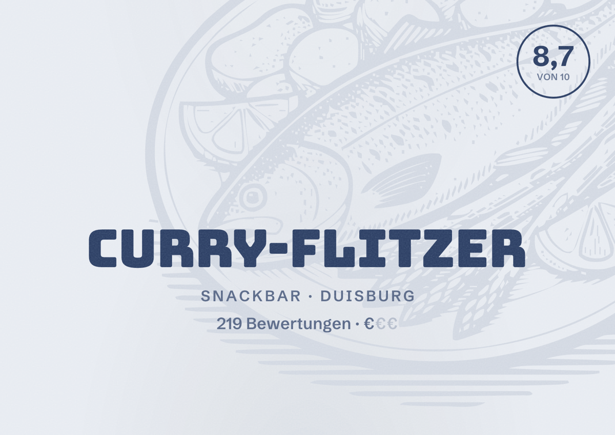 Illustriertes Poster von Curry-Flitzer, Snackbar in Duisburg: Bewertung 8,7 von 10 aus 219 Bewertungen, Preisniveau €