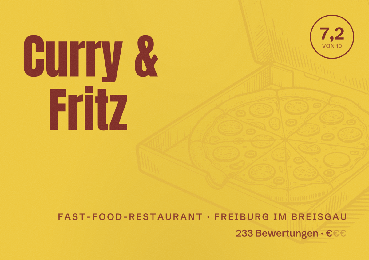 Illustriertes Poster von Curry & Fritz, Fast-Food-Restaurant in Freiburg im Breisgau: Bewertung 7,2 von 10 aus 233 Bewertungen, Preisniveau €