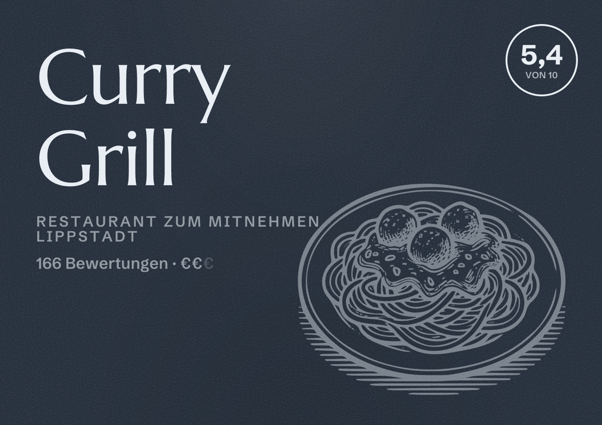 Illustriertes Poster von Curry Grill, Restaurant zum Mitnehmen in Lippstadt: Bewertung 5,4 von 10 aus 166 Bewertungen, Preisniveau €€