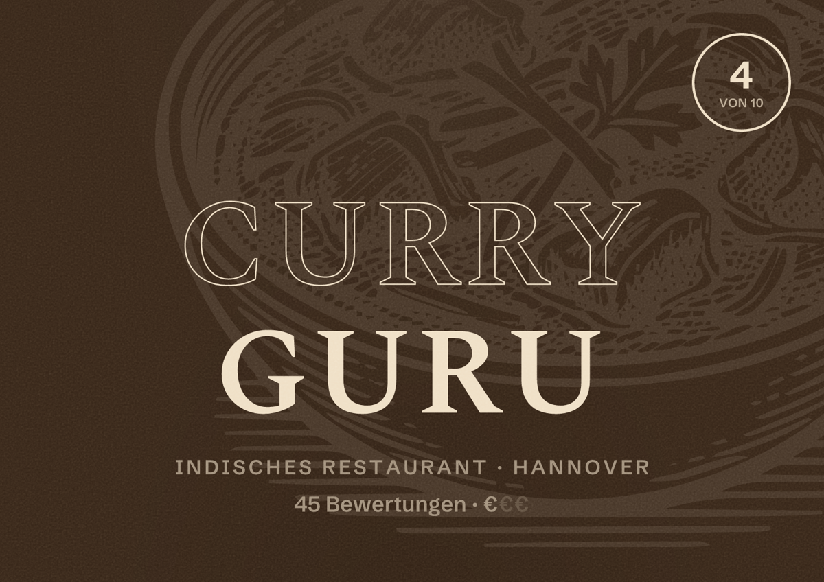 Illustriertes Poster von Curry Guru, Indisches Restaurant in Hannover: Bewertung 4 von 10 aus 45 Bewertungen, Preisniveau €