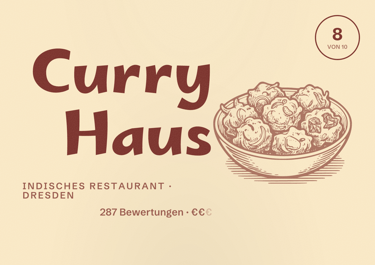 Illustriertes Poster von Curry Haus, Indisches Restaurant in Dresden: Bewertung 8,0 von 10 aus 287 Bewertungen, Preisniveau €€