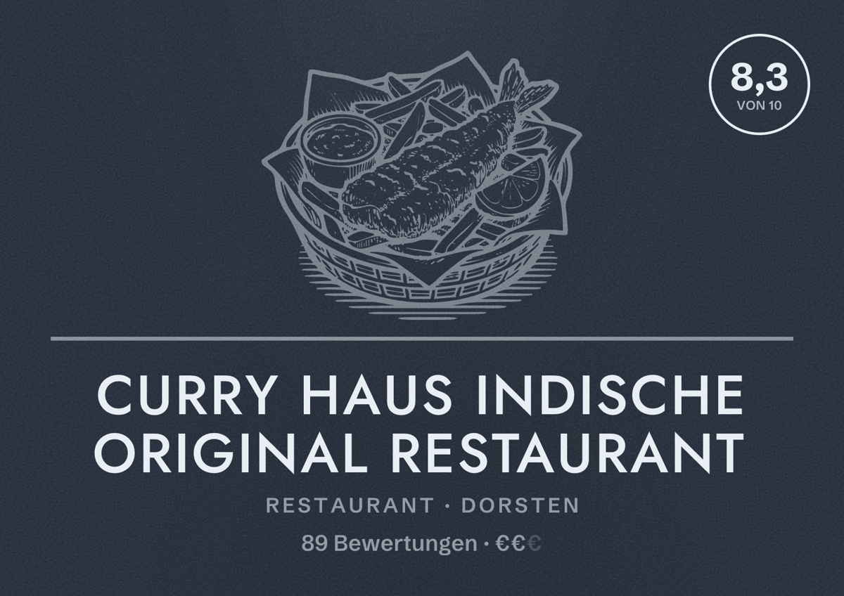 Illustriertes Poster von Curry Haus indische original Restaurant, Restaurant in Dorsten: Bewertung 8,3 von 10 aus 89 Bewertungen, Preisniveau €€