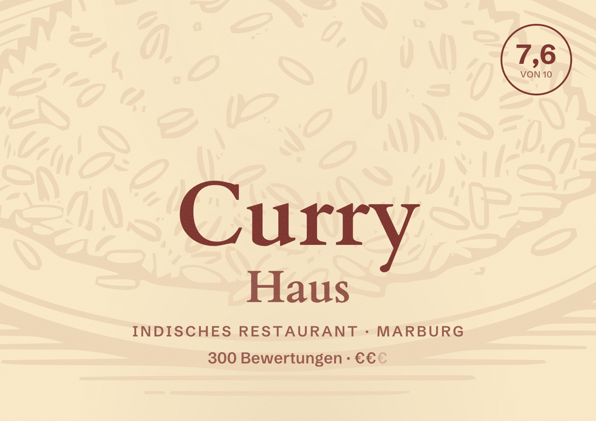 Illustriertes Poster von Curry Haus, Indisches Restaurant in Marburg: Bewertung 7,6 von 10 aus 300 Bewertungen, Preisniveau €€