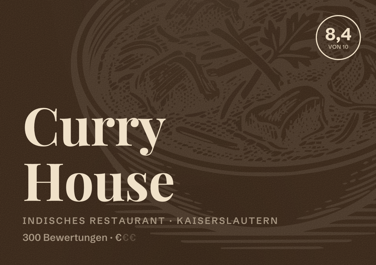 Illustriertes Poster von Curry House, Indisches Restaurant in Kaiserslautern: Bewertung 8,4 von 10 aus 300 Bewertungen, Preisniveau €