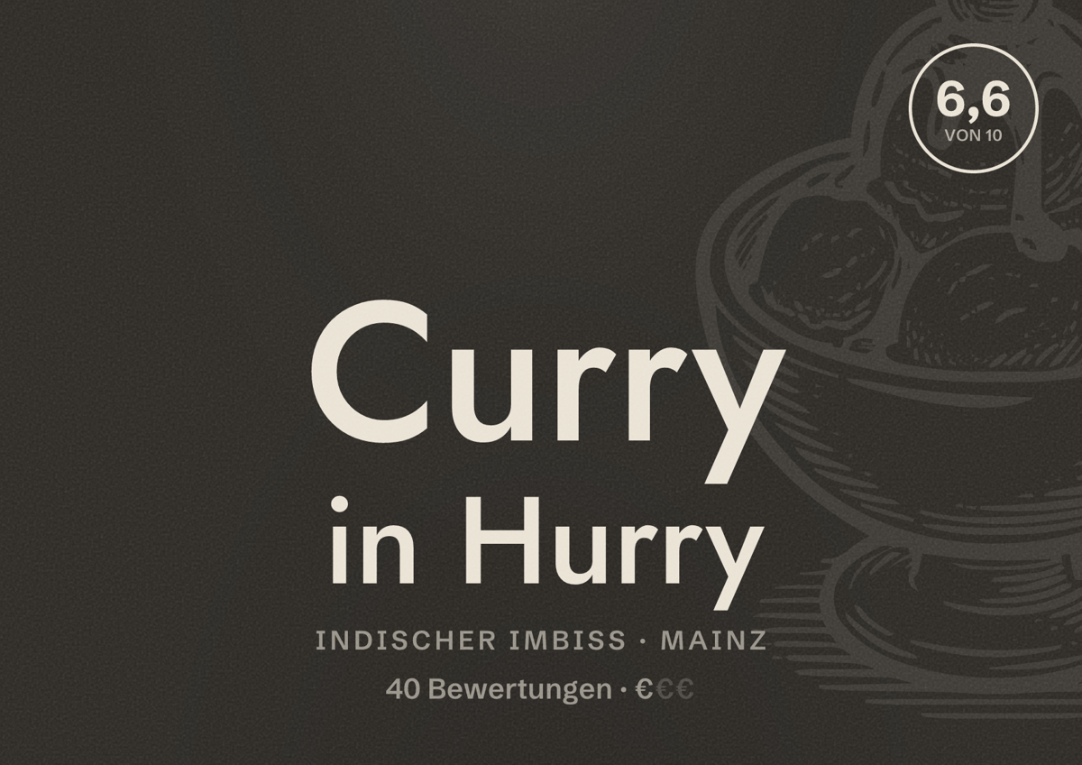Illustriertes Poster von Curry in Hurry, Indischer Imbiss in Mainz: Bewertung 6,6 von 10 aus 40 Bewertungen, Preisniveau €